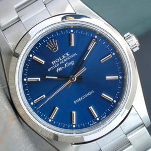 ROLEX MENS AIR-KING STEEL WATCH 34MM BLUE DIAL SMOOTH OYSTER BAND 14000 A SERIAL